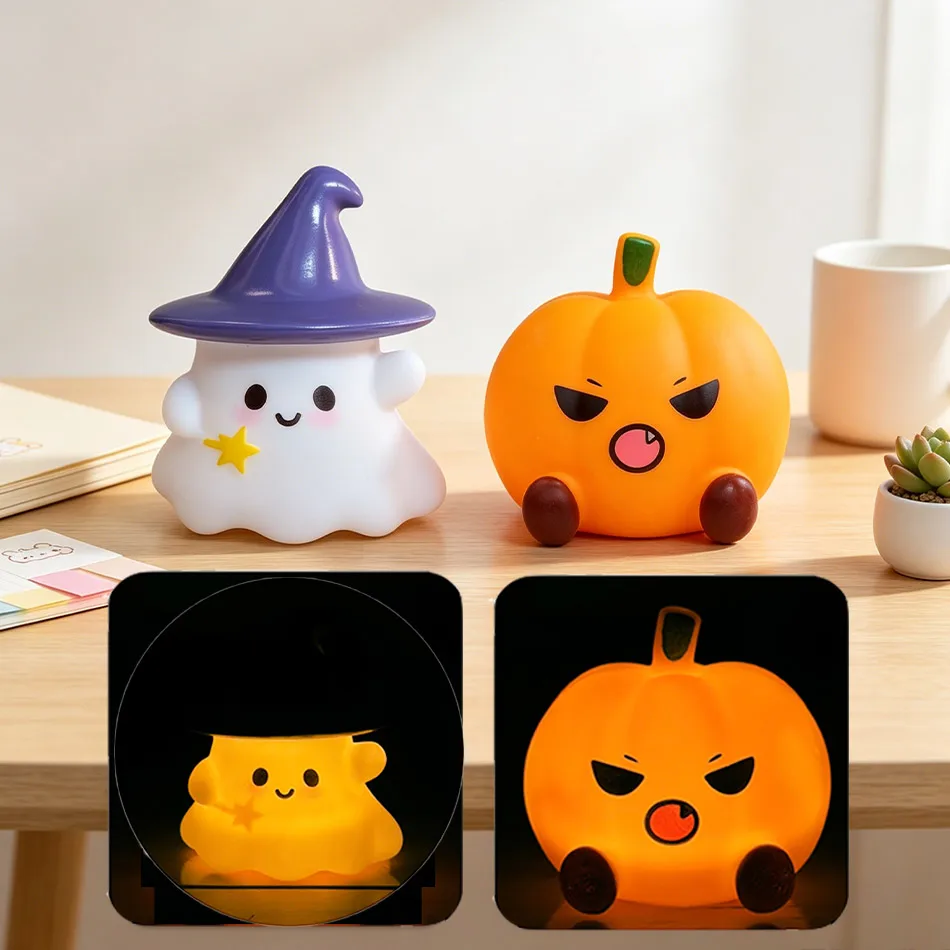 Kawaii Witch Ghost Pumpkin Silicone Nightlight Cute Character Figure Light Desktop Decor Halloween Party Gift Bedroom Decor