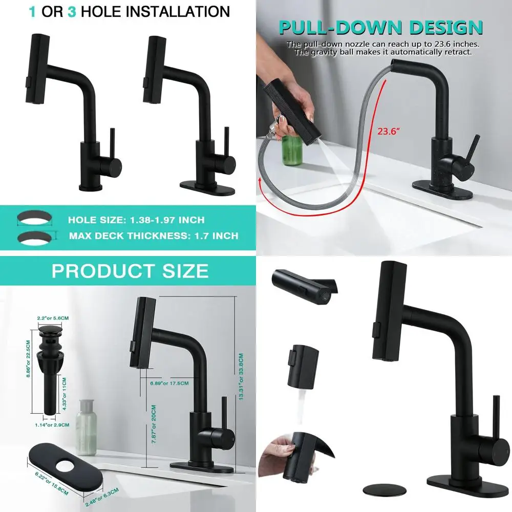 

Современный матовый черный смеситель для ванной комнаты с одной ручкой, 3-режимным выдвижным распылителем и наклонной пластиной для установки на 1 или 3 отверстия