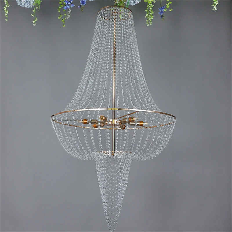 Modern Gold Color Round Crystal Chandeliers Romantic Wedding Stage Backdrop Decor Hanging Lamp E14 Holder Lighting Fixature