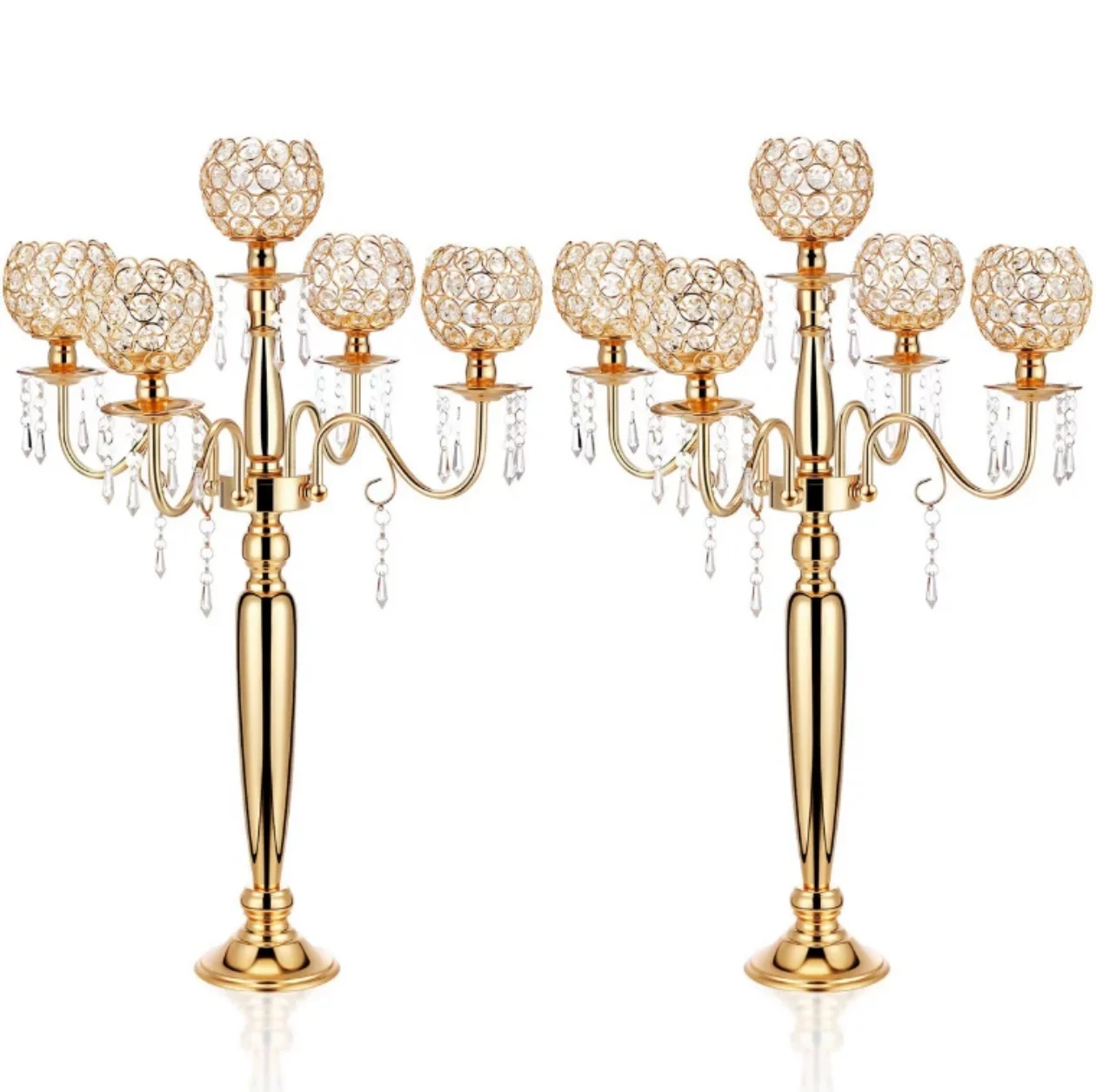 Crystal Candlesticks for Wedding Event, Candle Holders, 5-arms Metal Gold Candelabras, Centerpieces Decoration, 75cm, 29.5