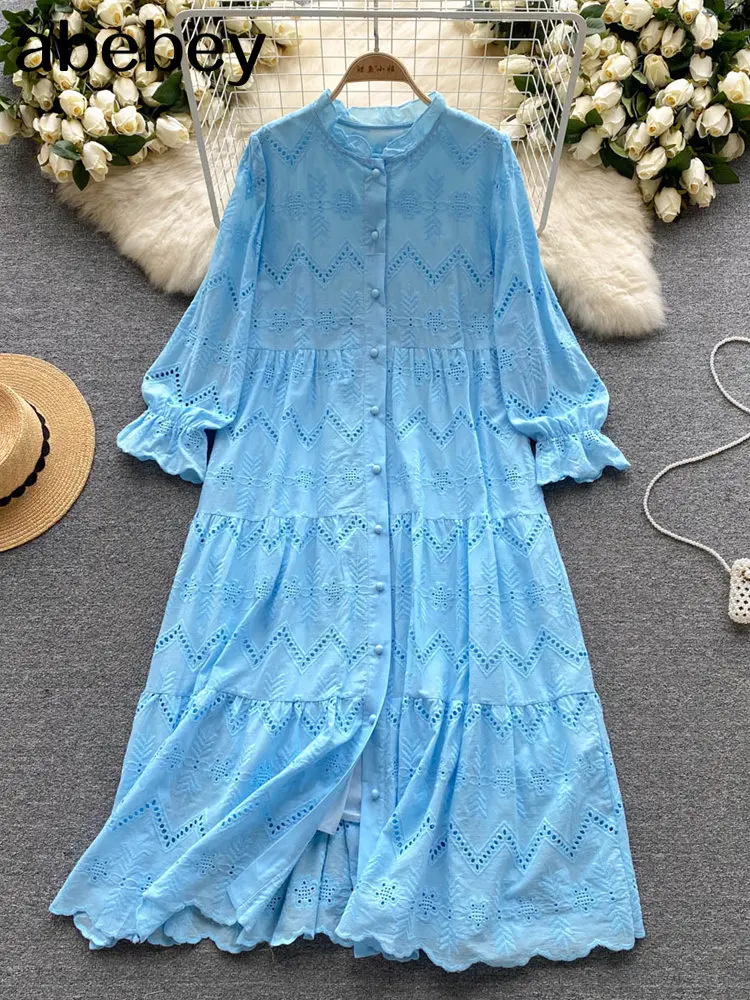 White/Green/Blue Summer New Lace Embroidery Dress Women Long Sleeves Dresses Female Vintage Party Beach Maxi Long Dresses