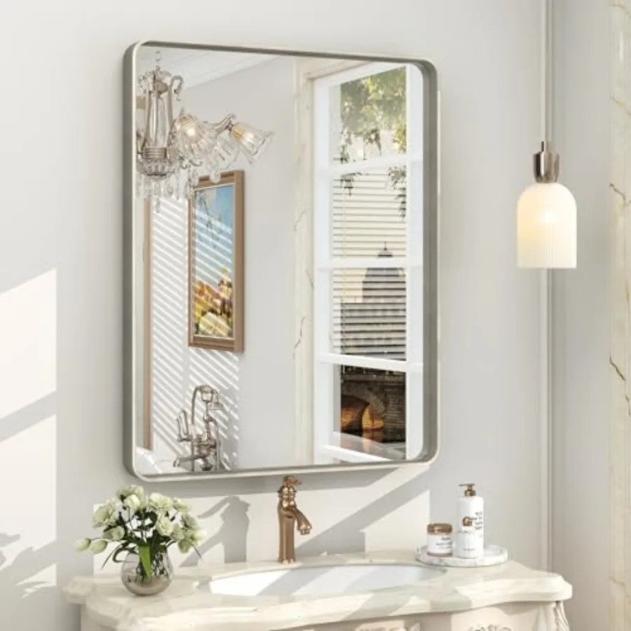

24x30 Inch Bathroom Mirror, Brushed Metal Framed Vanity Mirror for Wall, Rounded Corner Rectangle Mirror, Anti- Rust Horizontal