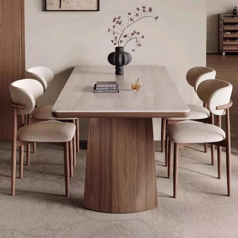 Combination small apartment dining table and chairs solid wood rectangular travertine rock slab desktop