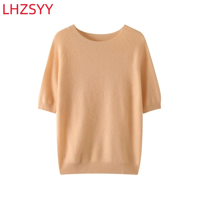 LHZSYY First-line Ladies Pure Cashmere Short-Sleeve T-Shirt Summer New O-Neck Half-Sleeve Pullover Loose Top High-End Knit Shirt