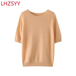 LHZSYY damski t-Shirt z krótkim rękawem z czystego kaszmiru letni nowy pulower z okrągłym dekoltem i półrękawem luźny Top wysokiej jakości dzianinowa koszula