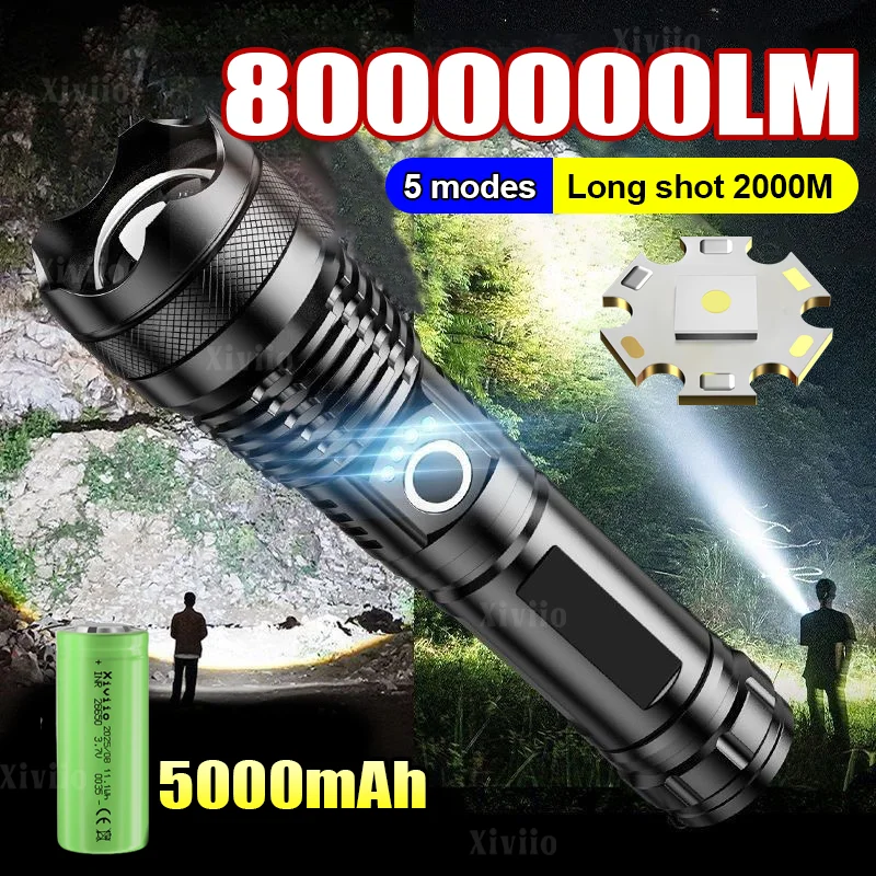 

Светодиодный фонарик из алюминиевого сплава с сильным светом 8000000LM Мощный фонарик Перезаряжаемая лампа Супер яркий фонарик 2000 м Охотничья лампа