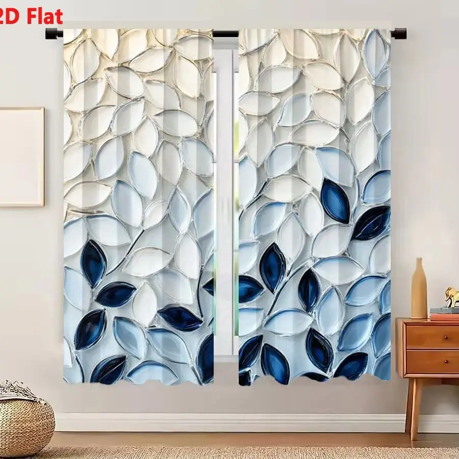 2Pcs Curtains 2D Flat Delicate Blue & White Petal Leaf Mosaic Tile Design Gradient Translucent Glass Pattern Window Drapes for B