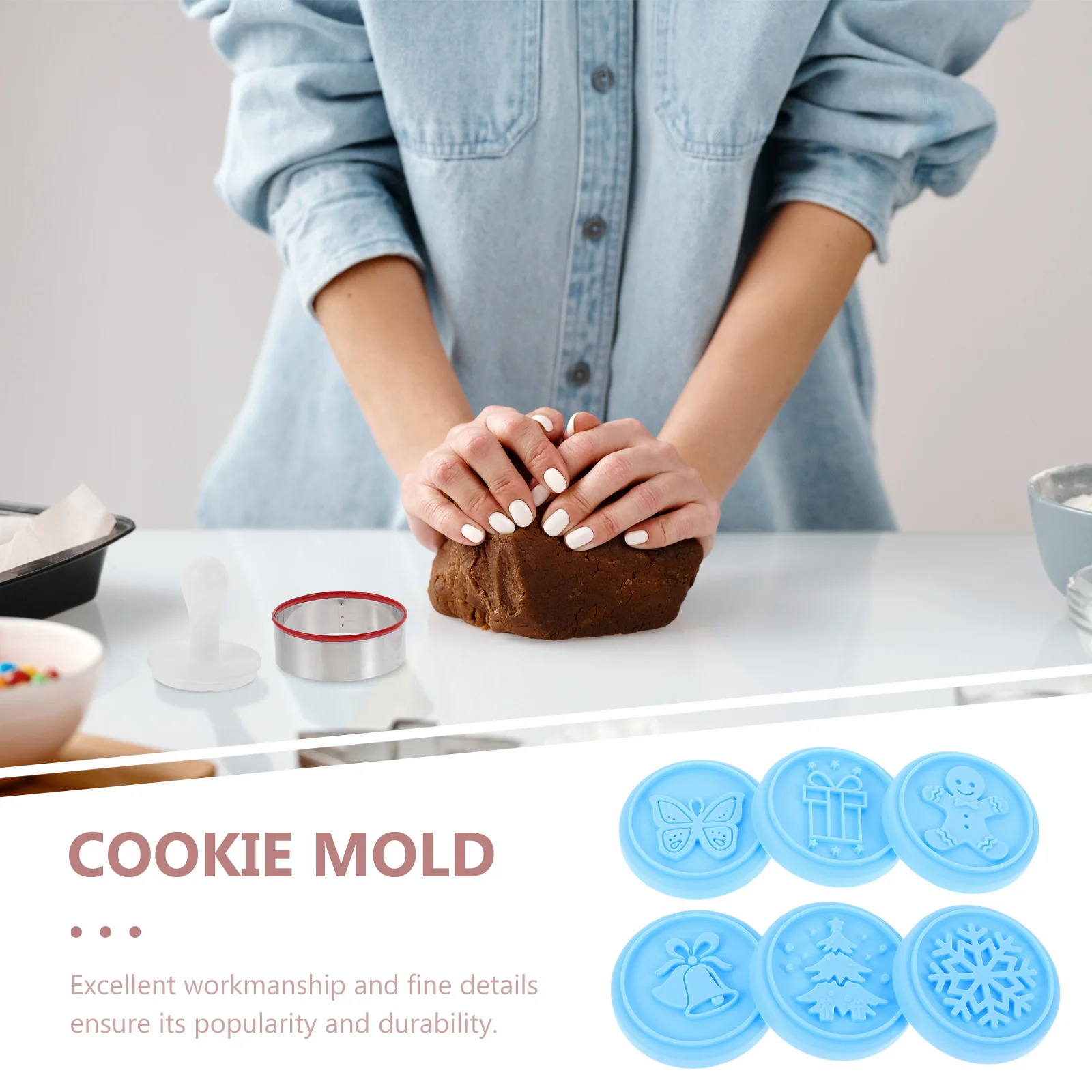 

6pcs Embossing Mold Set Blue Christmas Diy Baking Tool For Cookie Stamp Cake Decoration Reusable Biscuit Mold Baking Supplies