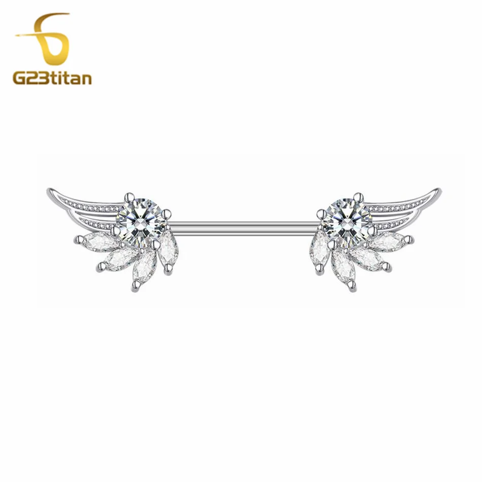 2pcs High Quality Zircon Angel Wings Nipple Rings Piercing Titanium Steel 14G Barbell Women Sexy Summer Nipple Jewelry Accessory