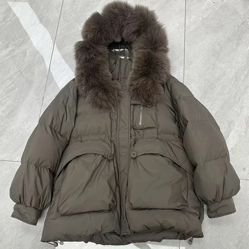 المرأة الأبيض بطة أسفل مقنعين باركر الشتاء الطبيعي كبير الفراء طوق منتصف طول أسفل سترة أبلى الإناث سستة سترة سميكة دافئة #5