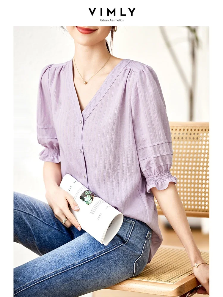 Vimly Elegant Summer Shirts & Blouses for Women V Neck Purple Fashion 2023 New Puff Sleeves Female Tops Straight Tops Clothing