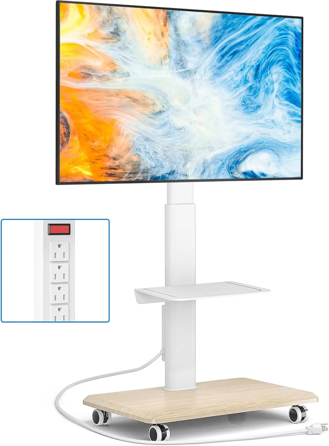 

Sleek Rolling TV Stand with Power Outlet for Home Decor, Height Adjustable Portable TV Stand on Wheels for 32-75 Inch TVs