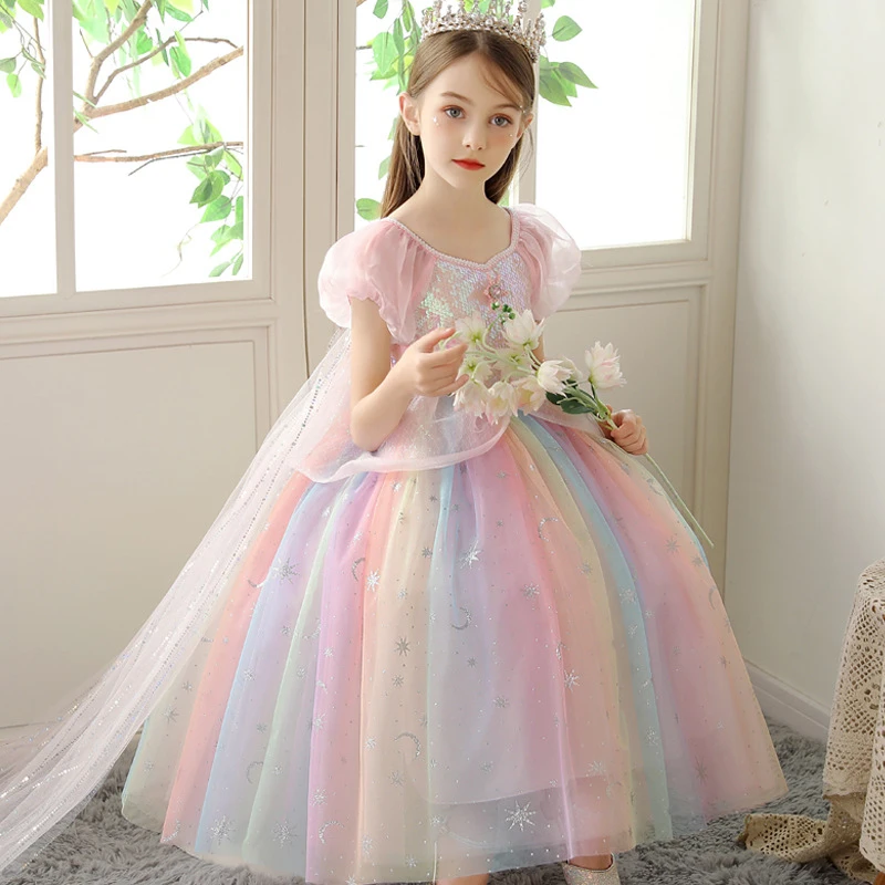 New Rainbow Short-Sleeve Sequin High-Quality Performance Princess Dress for Girls