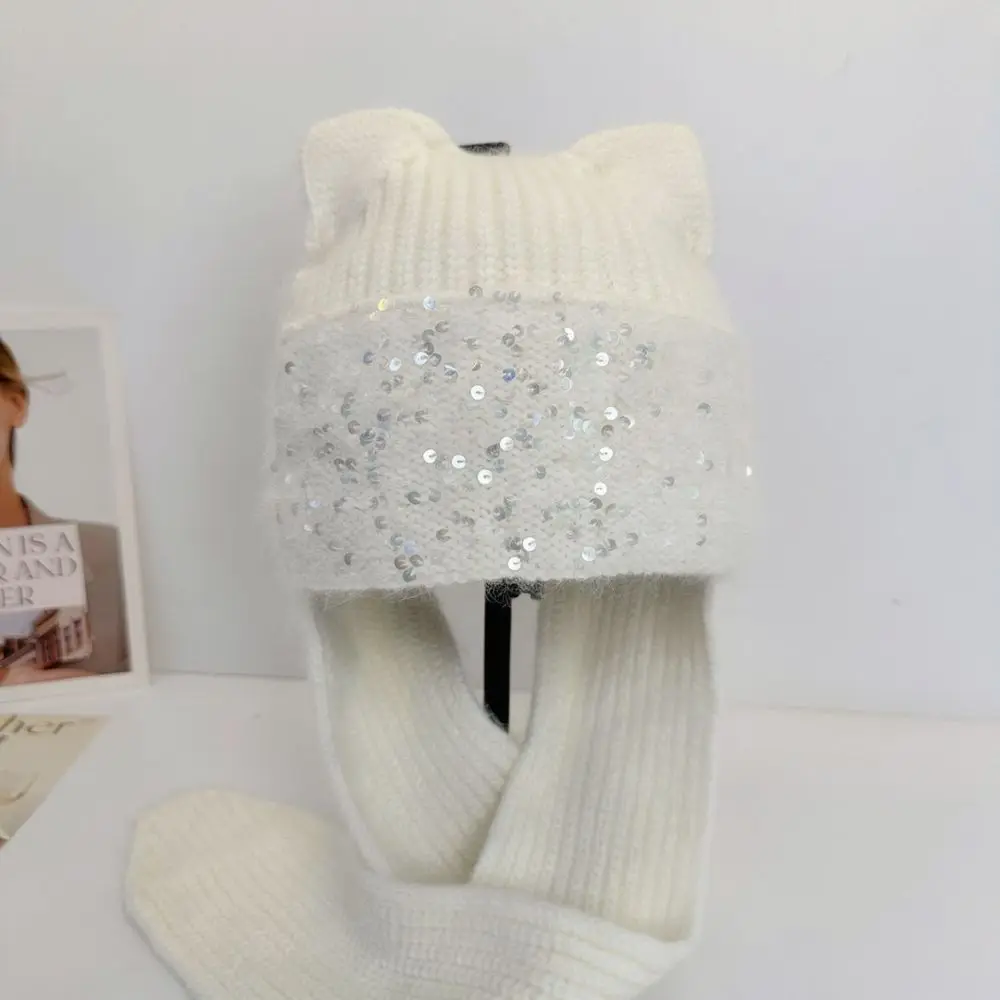 Women Winter Warm Hooded Hat Scarf Set Cute Cat Ear Knitted Beanie Pullover Fashion Soft Comfortable Daily Headwear