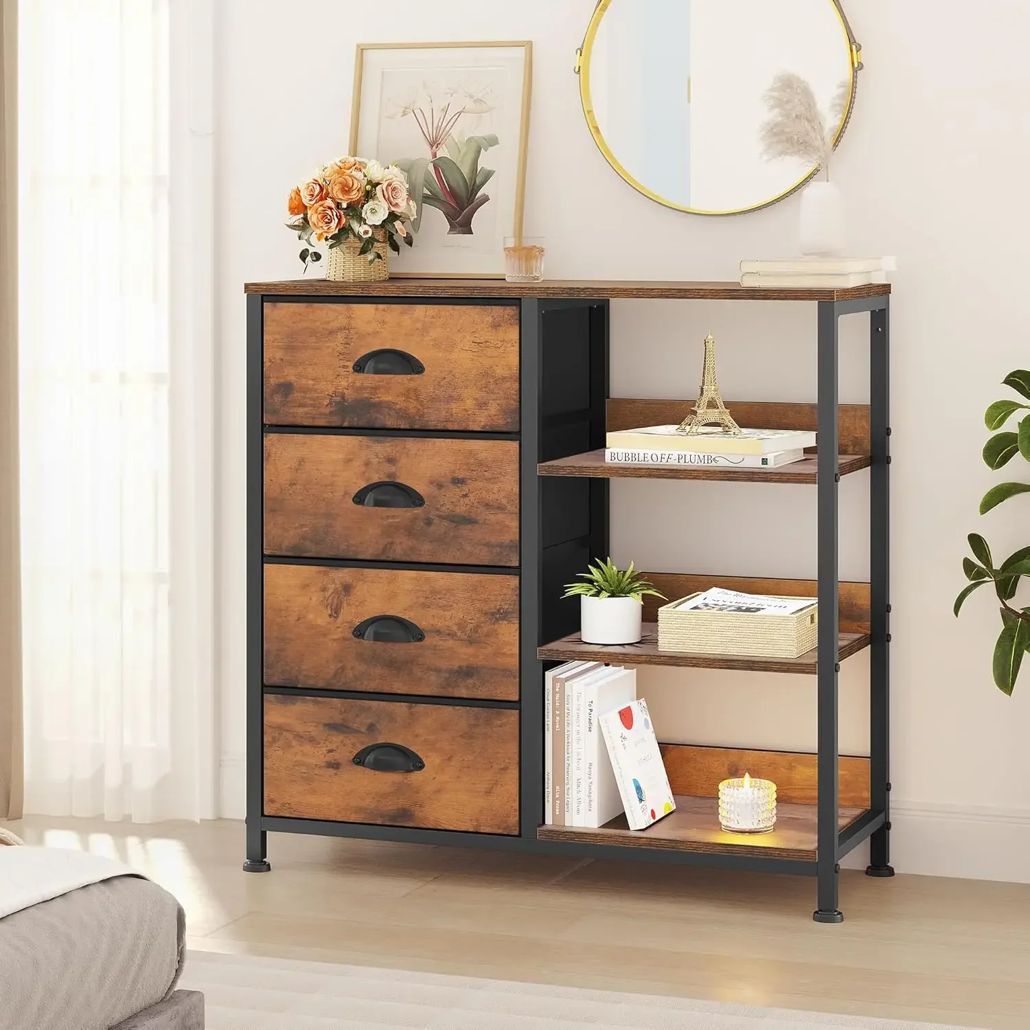 Storage Tower with 4 Drawers and Side Shelf, Fabric Dresser, Organizer Unit for Room, Living Room, Hallway (Rustic Brown)