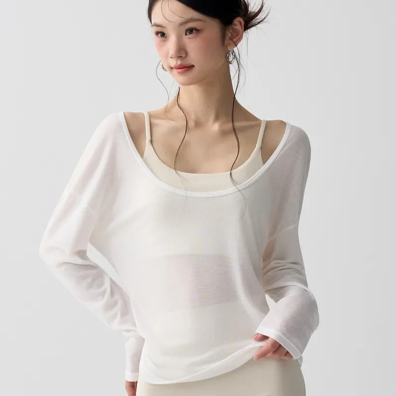 

Женский белый прозрачный топ с длинными рукавами и майкой, комплект из двух предметов, элегантная повседневная свободная блузка