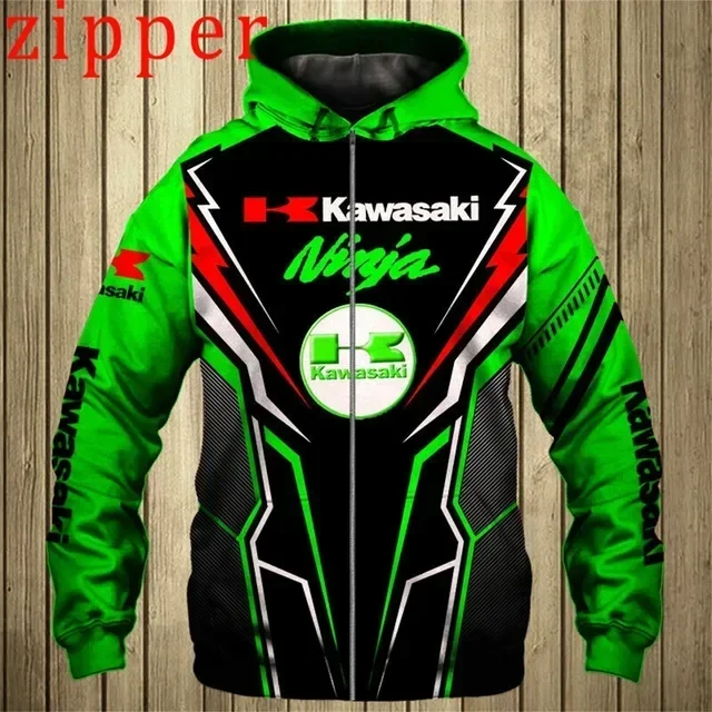 

2025 new Kawasaki logo 3D printed zipper hooded men's outdoor motorcycle zipper windproof suit