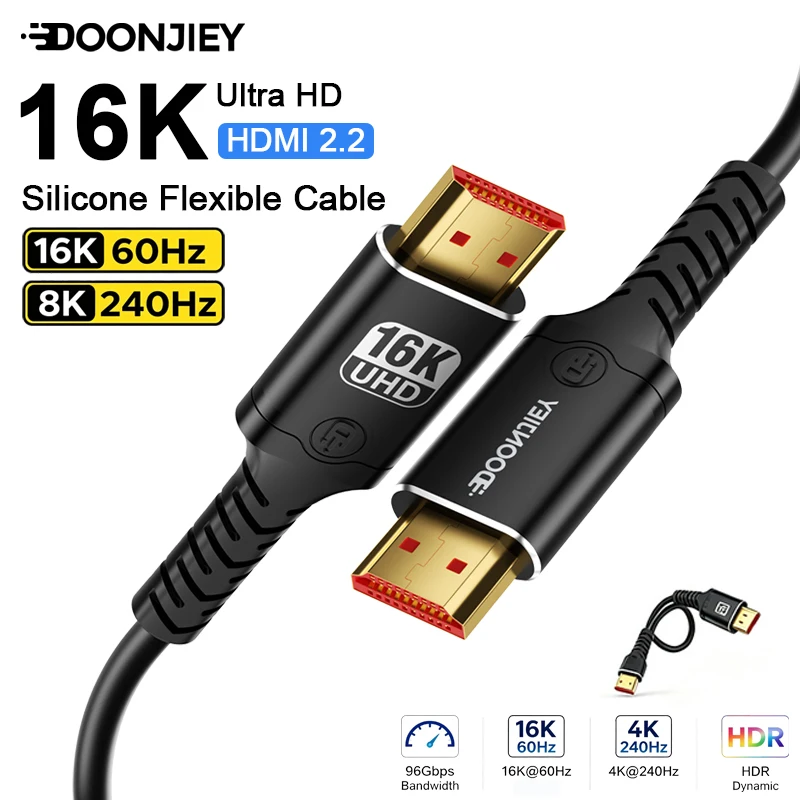 16K HDMI 2.2 Cable 8K@240Hz 96Gbps Ultra Slim Flexible Silicone Cord for Gaming Console Monitor Support HDR EARC DTS:X HDCP 2.3