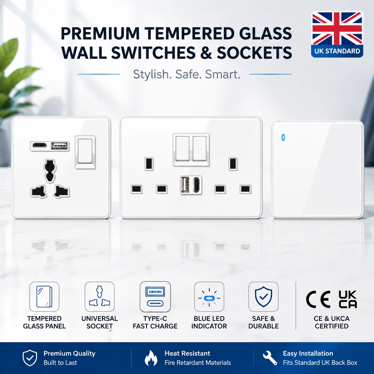Ultra-thin White High Quality Glass Lighting Wall Switch, UK Wall 18W Type-C Fast Charge Usb Socket, Power 1/2/3/4Gang 1Way220V