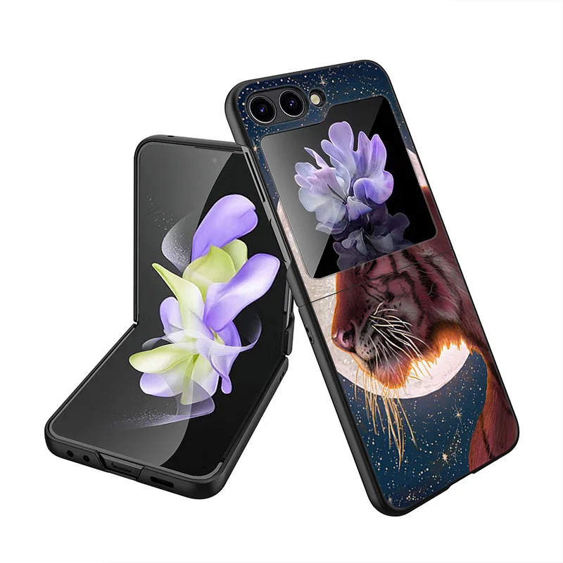 Black Matte Phone Case For Samsung Galaxy Z Flip6 Flip 6 5 4 3 Flip3 Flip4 Flip5 5G Color Cat Tiger Animal Hard Shell Cover image 2