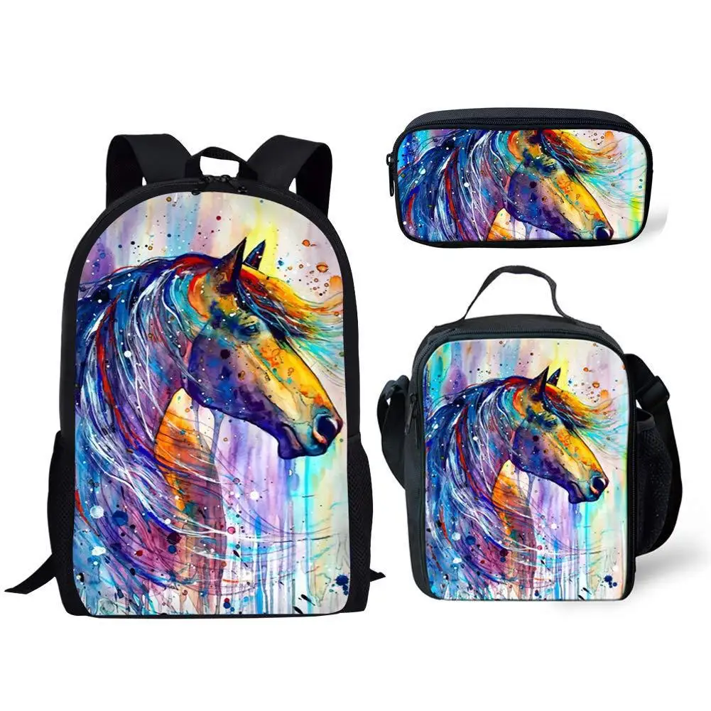 Mochila con estampado de caballos en 3D, bolsa de almuerzo, estuche de lápices, mochila de almacenamiento para Campus de estudiantes, suministros para adolescentes, niños y niñas, bolsa de libros, 3 piezas por juego