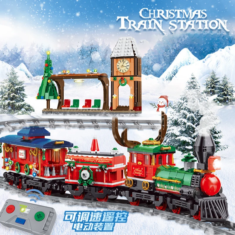 Christmas Series Bricks Toys High-Tech RC Rail Car Building Blocks Train Model Kit With Electric Motor Compatible With LEGO