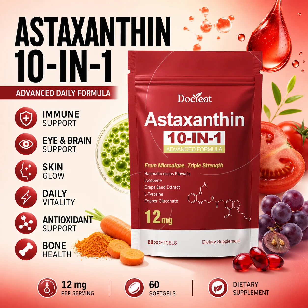 Docteat Astaxanthin Softgels 10-IN-1 with Lycopene and Grape Seed Extract Antioxidant Defense Skin Radiance Support 60 Softgels