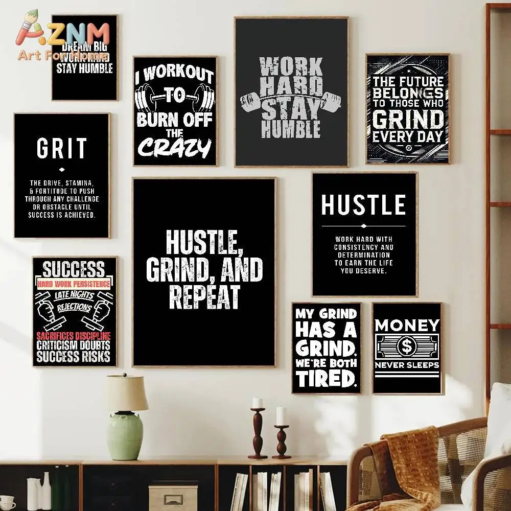 AZNM Black White Motivational Hustle Grind Quote Canvas Print Gym Fitness Inspirational Text Unframed Canvas Wall Art Office Wor