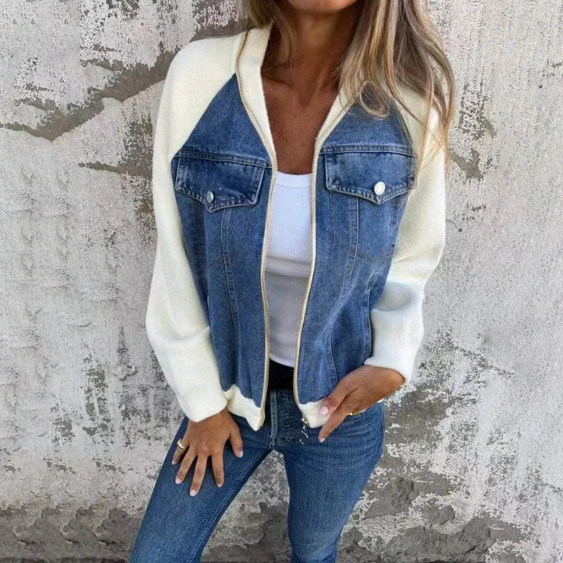  Women Autumn Winter Denim Stitching Jackets Ladies Casual Long Sleeve Zipper Outerwears Coats