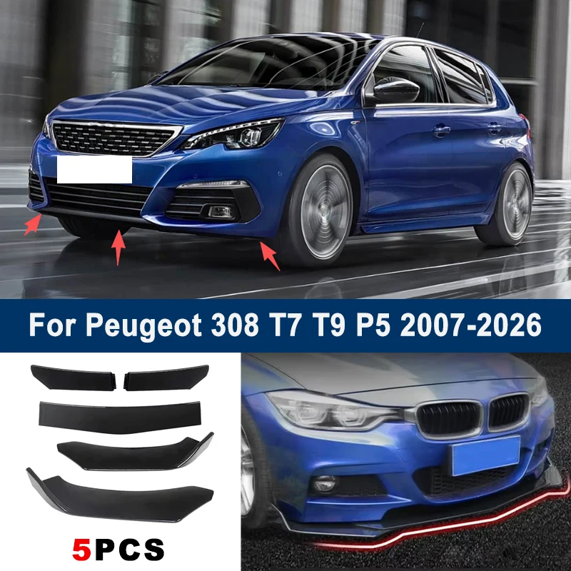 

5Pcs Adjustable Sectional Front Bumper Lip Spoiler Splitter For Peugeot 308 T7 T9 P5 2007-2026 Car Exterior Modification Parts