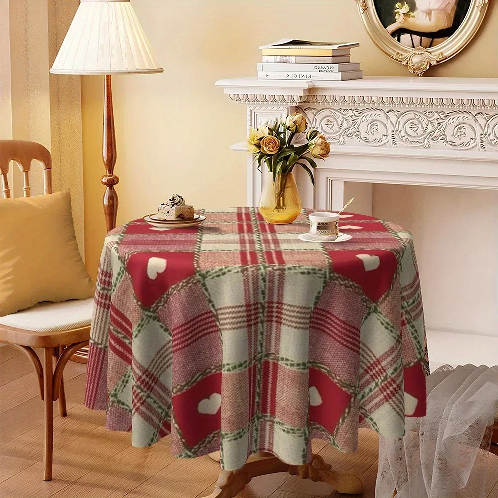 JIT, 1pc Red and Green Checkered Heart Pattern Printed Kitchen/Dining Round Tablecloth, YZB