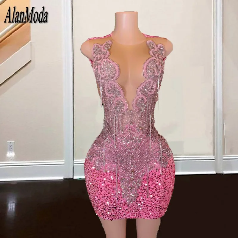 Sparkle Pink Short Prom Dresses 2024 Sequin Rhinestone Sheer O-Neck Beading Birthday Party Gowns Customized Vestidos De Cóctel