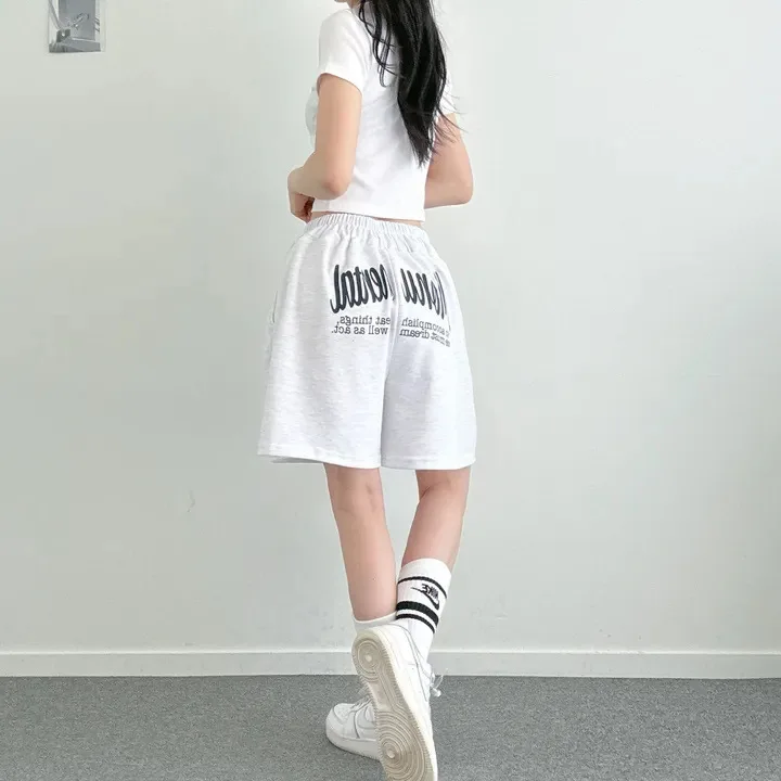 Women Fashion American Style Streetwear Sports Shorts Y2K Drawstring Printing Shorts BF Hip Hop Loose Casual Wide Leg Shorts