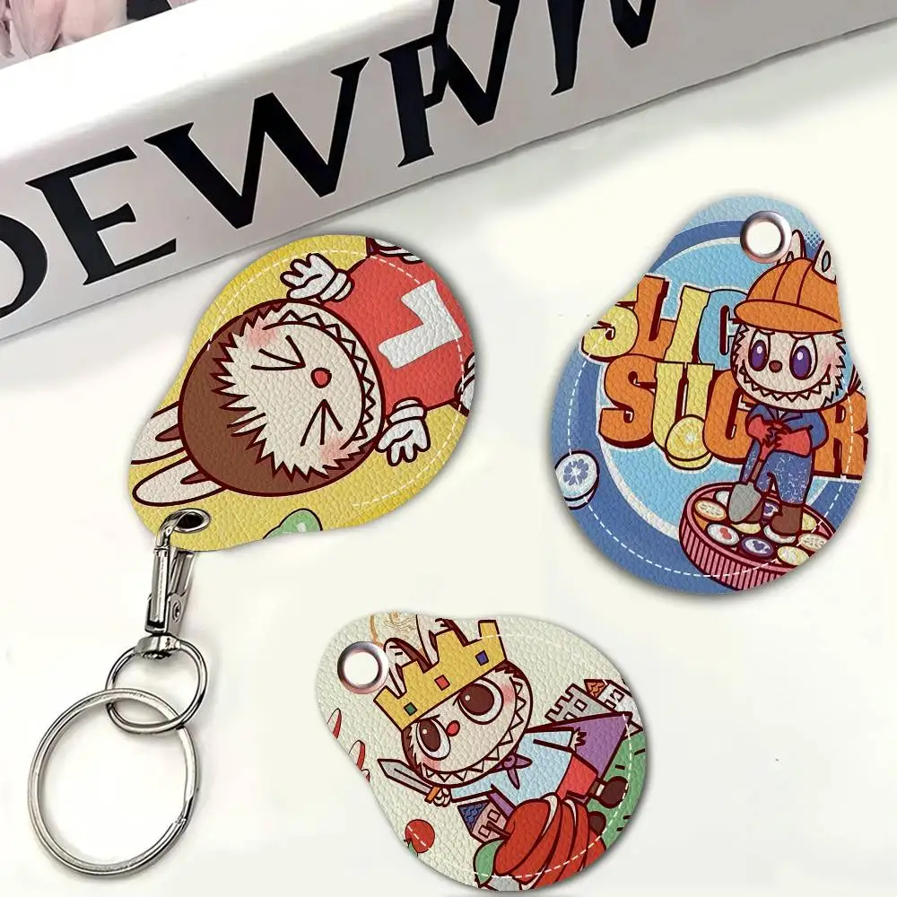 Cute Little Monster L-Labubus Keychain Access Card Bag Key Tag Ring Leather Card Holder Keychain Key Ring Door Lock Access Tags