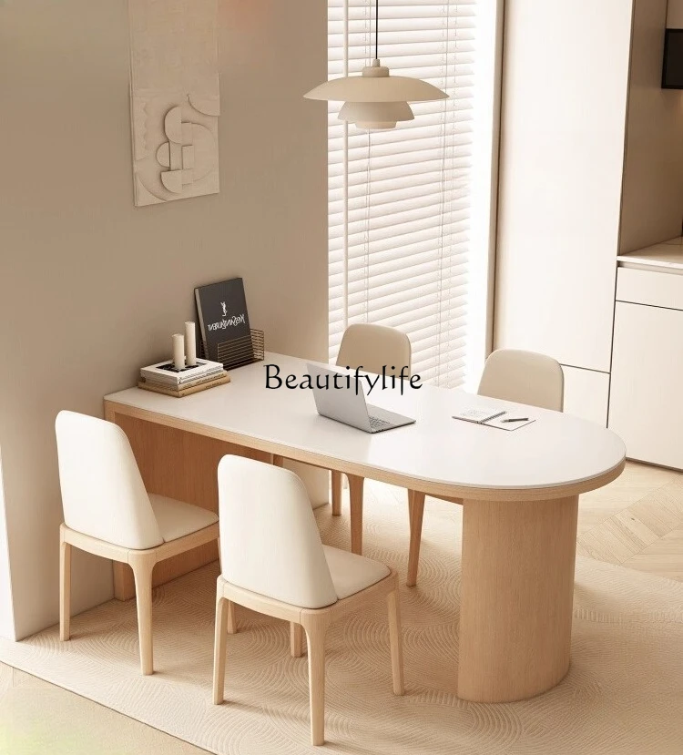 

Cream wind log oval solid wood rock slab dining table small apartment dining room modern simple living room desk
