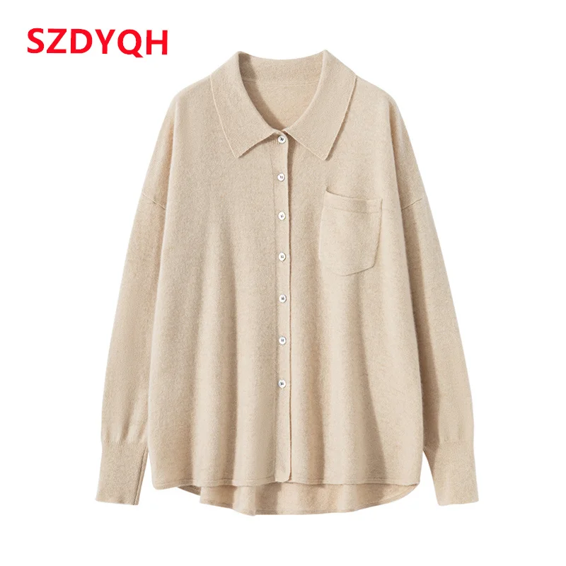 Herbst Damen Strickjacke 100% Kaschmir Strick pullover schicke Tops Kaschmir Mantel kausalen Turn-Down-Kragen lose große Jacke