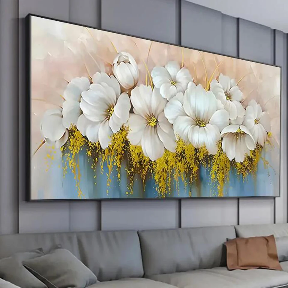 Grande Pintura Floral Branca, Clássico Luxo Wall Art, Folha de Ouro Abstrata, Pintura Diamante DIY, Ponto Cruz, Diamante completo, Mosa