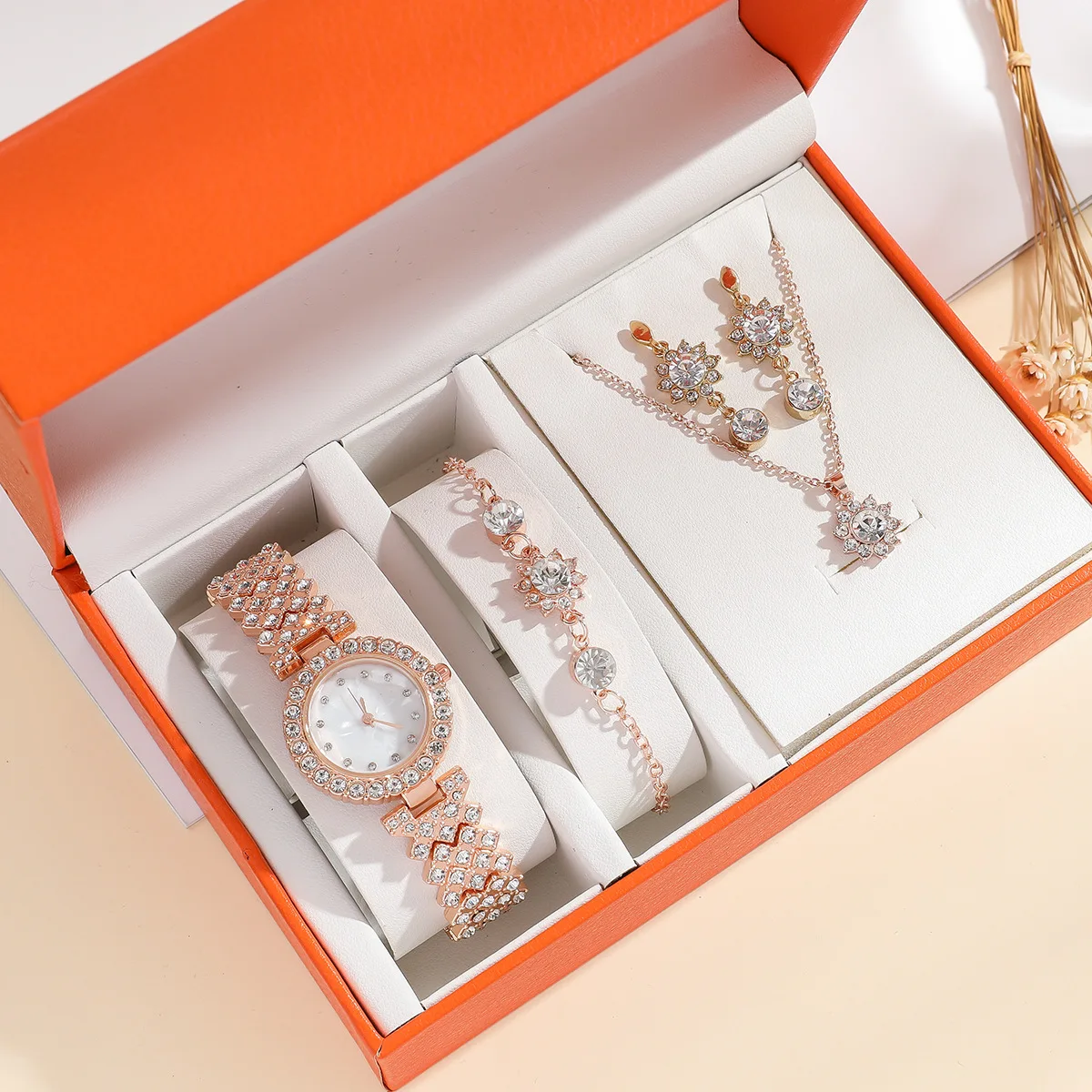 

5pcs watch set rose gold diamond light luxury versatile quartz watch