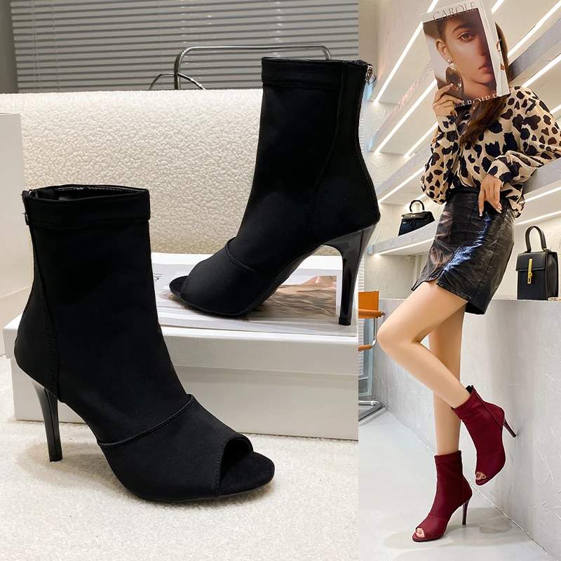 Ankle Boots for Women 2023 Autumn Fashion Open Toe Women\'s Boots Sexy Slim High Heel Fashion Boots Simple Elegant Dress Shoes