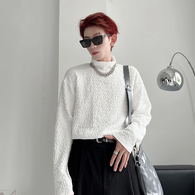 

Pleated Long Sleeve Men Turtleneck T Shirts Spring Fashion All-match Solid Inside Tops Simple Personality 2xl Oversized Clothing