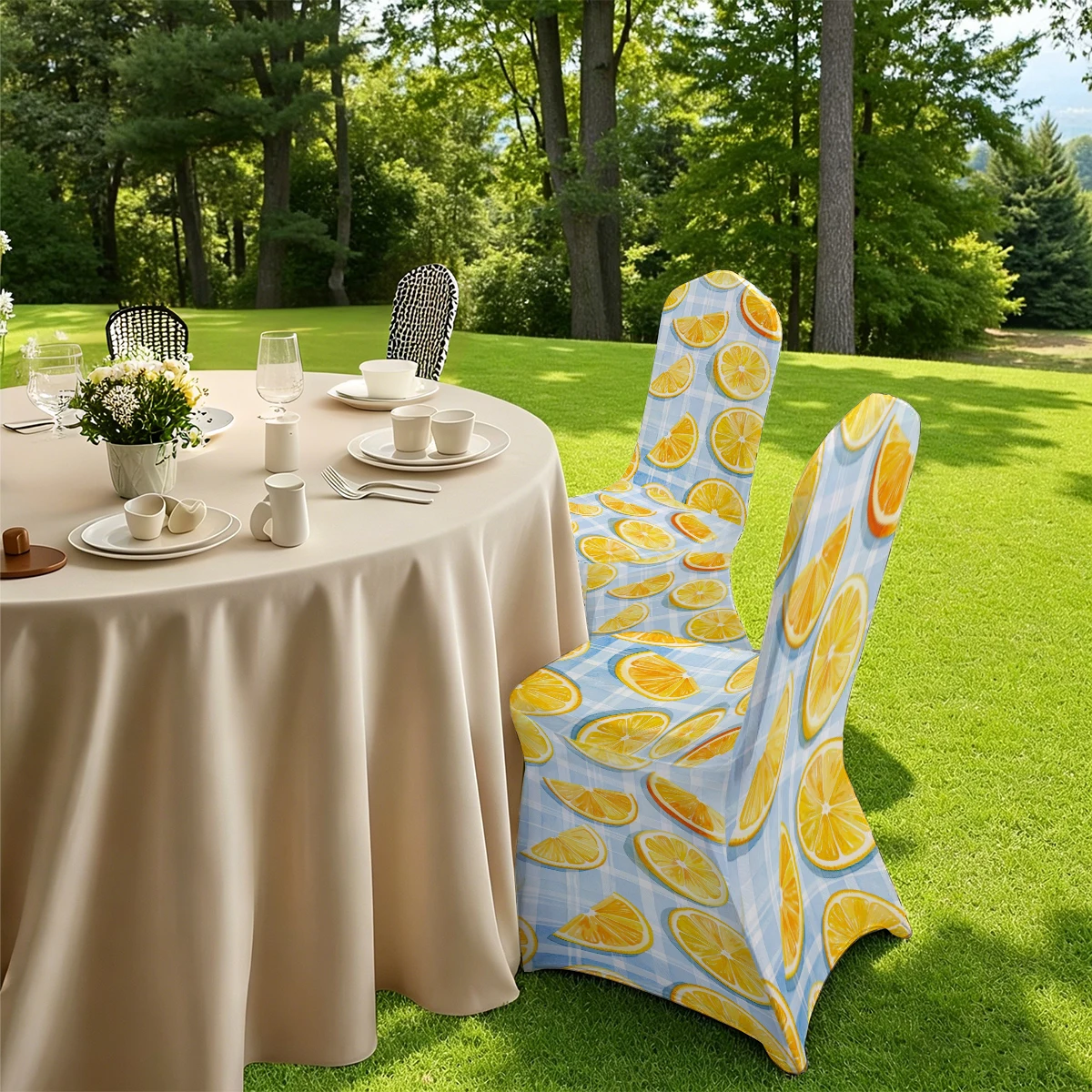 2D Lemon Slice Plaid Printed Stretch Chair Cover, Full - Coverage Universal for Hotel, Home & Outdoor. Ela