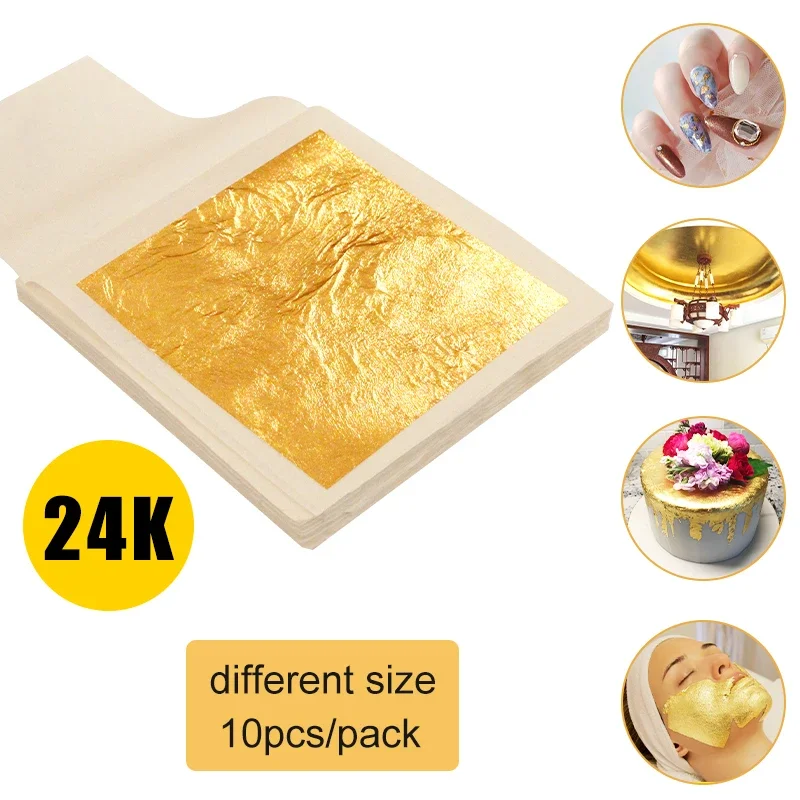 

24K Gold Leaf Pure Genuine Gold Leaf Foil Sheets for Wine Drink Cake Decoration Arts Crafts Painting Skin Care 10pcs/Bag