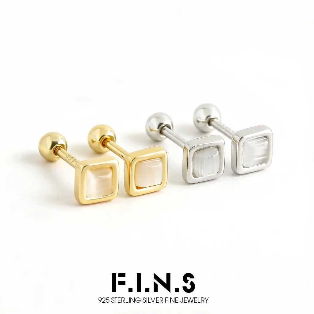

F.I.N.S Fashion 925 Sterling Silver Earring Geometry Opal Square Mini Screw Stud Earring Ear Bone Piercing Fine Ear Jewelry Gift