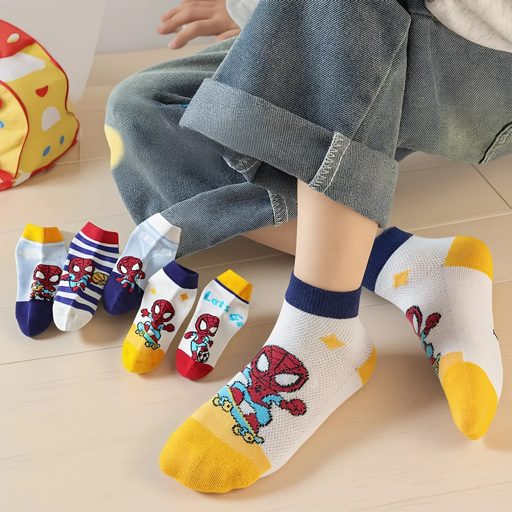 

5 пар летних детских носков, сетчатые дышащие носки с изображением Человека-паука, мягкие хлопковые детские носки для мальчиков, детские носки средней длины с героями мультфильмов, От 2 до 8 лет