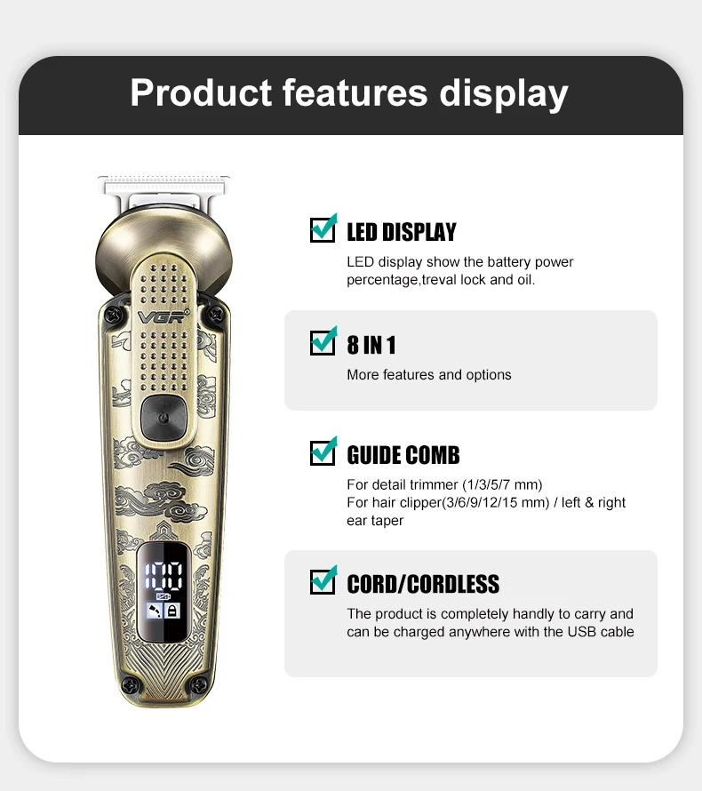 VGR 8 في 1 ماكينة قص الشعر المعدنية متعددة الوظائف الذكية LED ماكينة تشذيب الشعر الرقمية للرجال ماكينة حلاقة شعر الأنف والإبط V-103