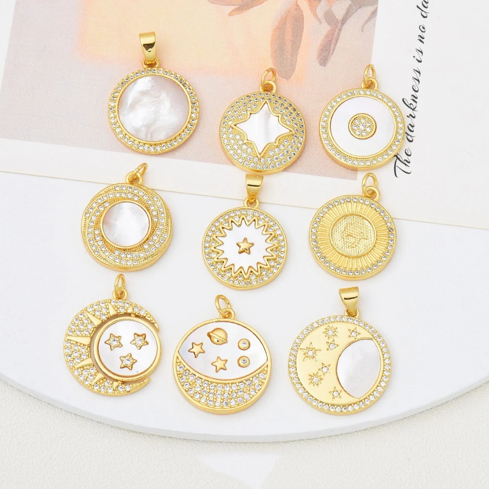 1 Pcs Natural Shell Pendant for Diy Jewelry Accessories Brass Zircon Star Moon Starry Sky Element Round Necklace Making Parts