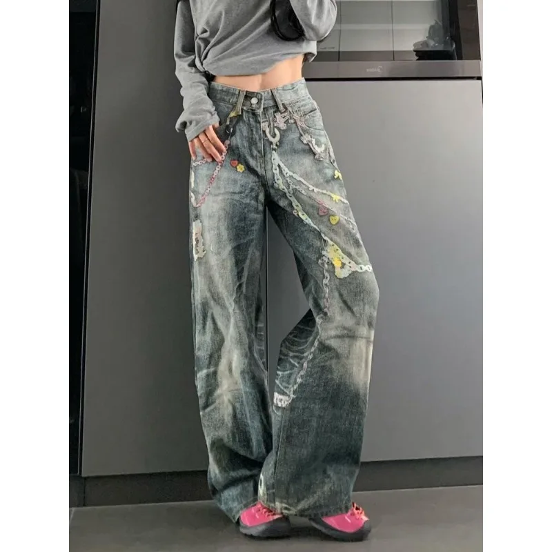 American Fashion Plus-size Heavyweight Design Sense Chain Print Denim Pants Men Women Punk Retro Floor-length Pants Women’s Wear