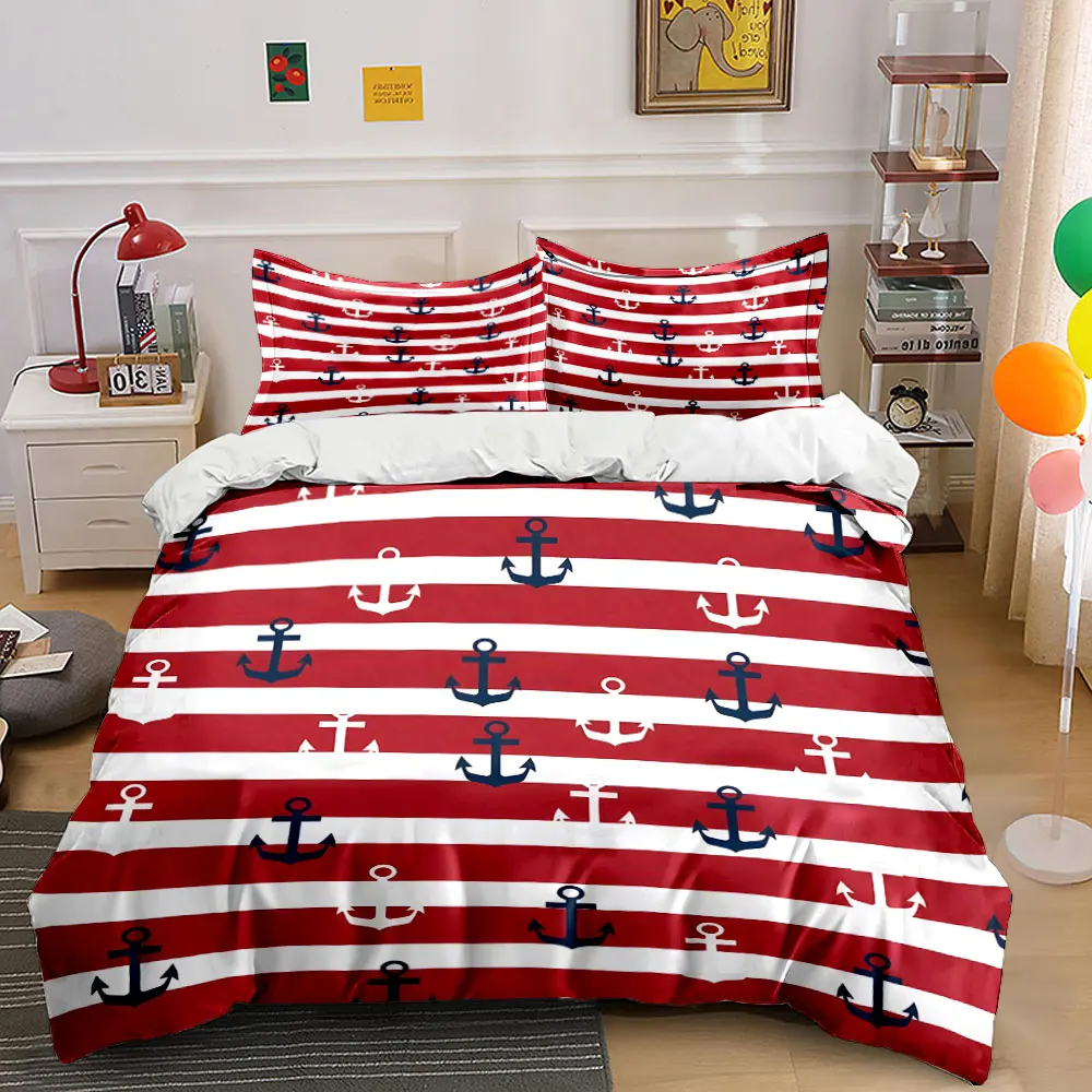 Nautical Anchor Striped Decor Set Bedding Set with 1 Duvet Cover 2 Pillowcases Single Double King Queen, Gift