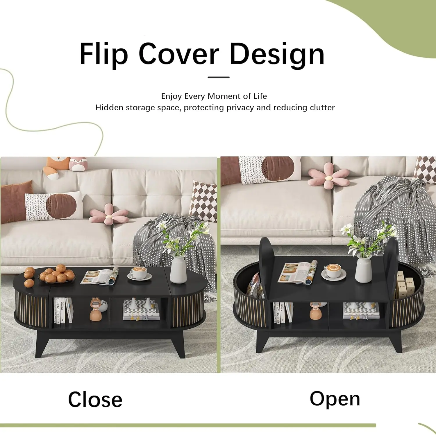 Coffee Table with 2 Hidden StorageMid Century Modern Coffee Table with Fluted FinishWood Center Table Oval Coffee Table with Fli