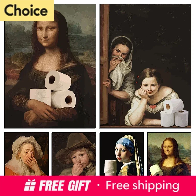 2026 Funny Bathroom Toilet Painting Mona Lisa Wearing Pearls Girl with Roll Paper Diamond Prints Posters For Washroom Home Wal